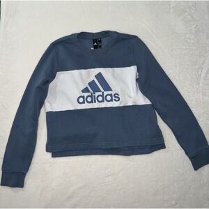 Adidas Womens Blue White Colorblock Logo Fleece Crewneck Sweatshirt Size Medium